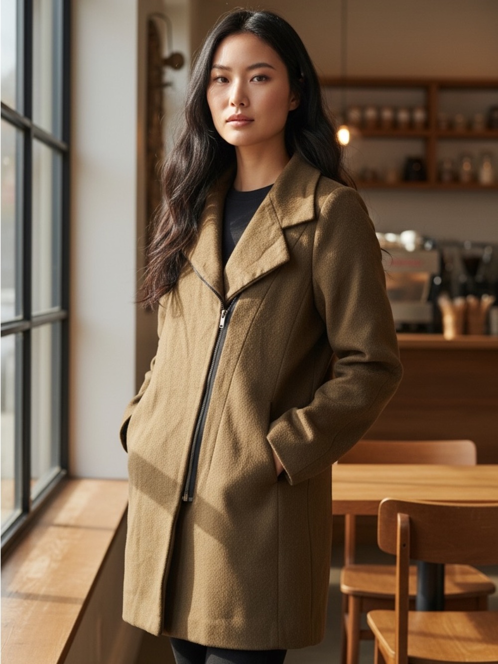 DIA Women’s Wool blend Coat M Olive green Asymmetrical Zip Moto Korean Style